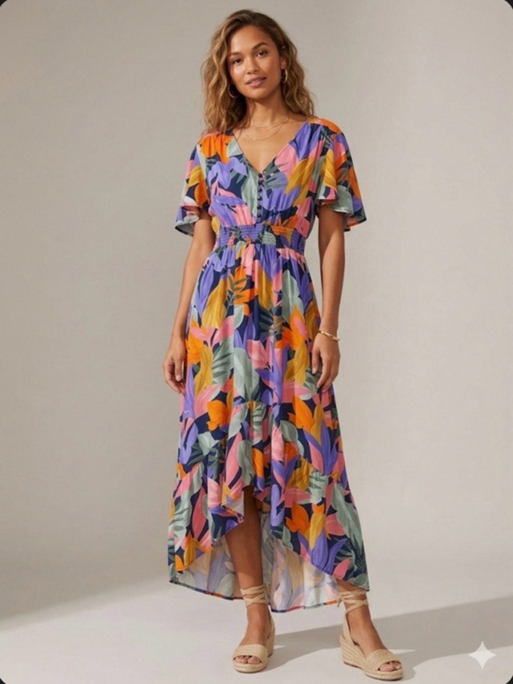 Abel The Label Floral V-Neck Midi Dress in Multicolor size Medium